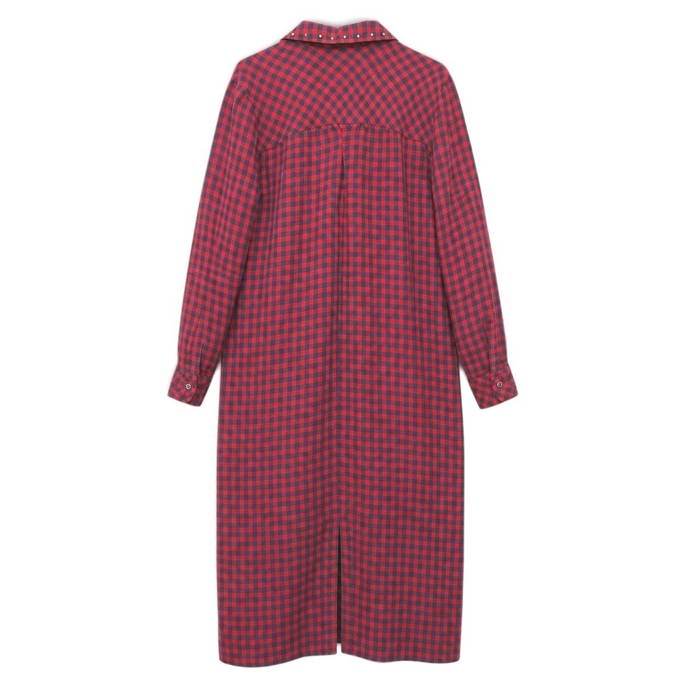 Billy T Shirt Dress Small Red Blue Plaid Studded High Low Button Roll Tab Sleeve - Picture 10 of 10